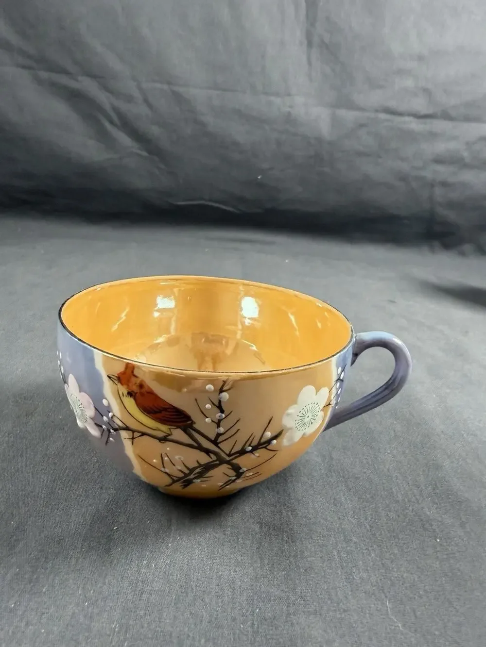 Vintage Peach Blue Cardinal Japanese Lusterware Hand-Painted Cup Single